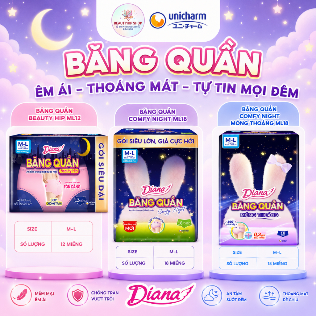[SIÊU ƯU ĐÃI] Băng Quần Diana Gói Siêu Đại - Beauty Hip ML12 & Comfy Night ML18 & Comfy Night Mỏng T