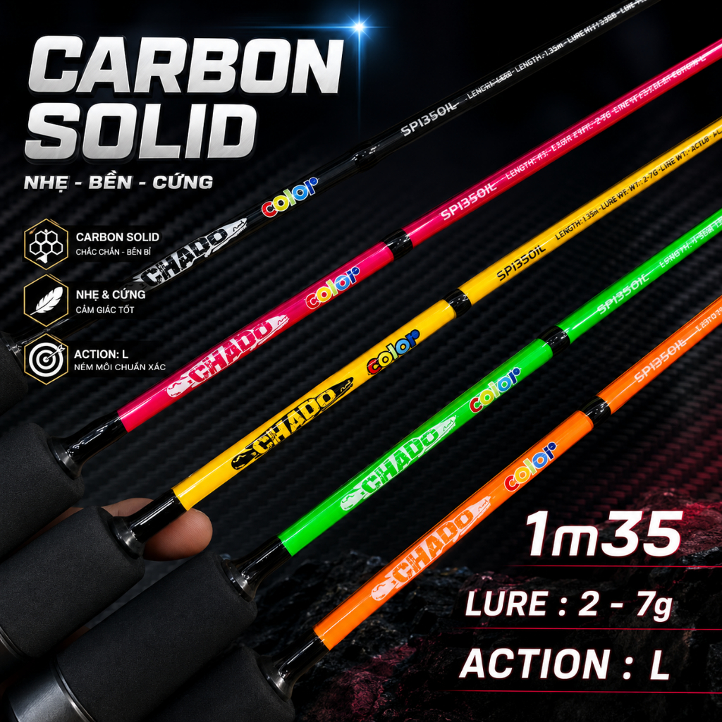 Cần Chado Color 1M35 1 khúc Carbon Solid chuyên câu bè , câu ngâm , câu tôm, Câu Sông 1m35 Dẻo Khỏe