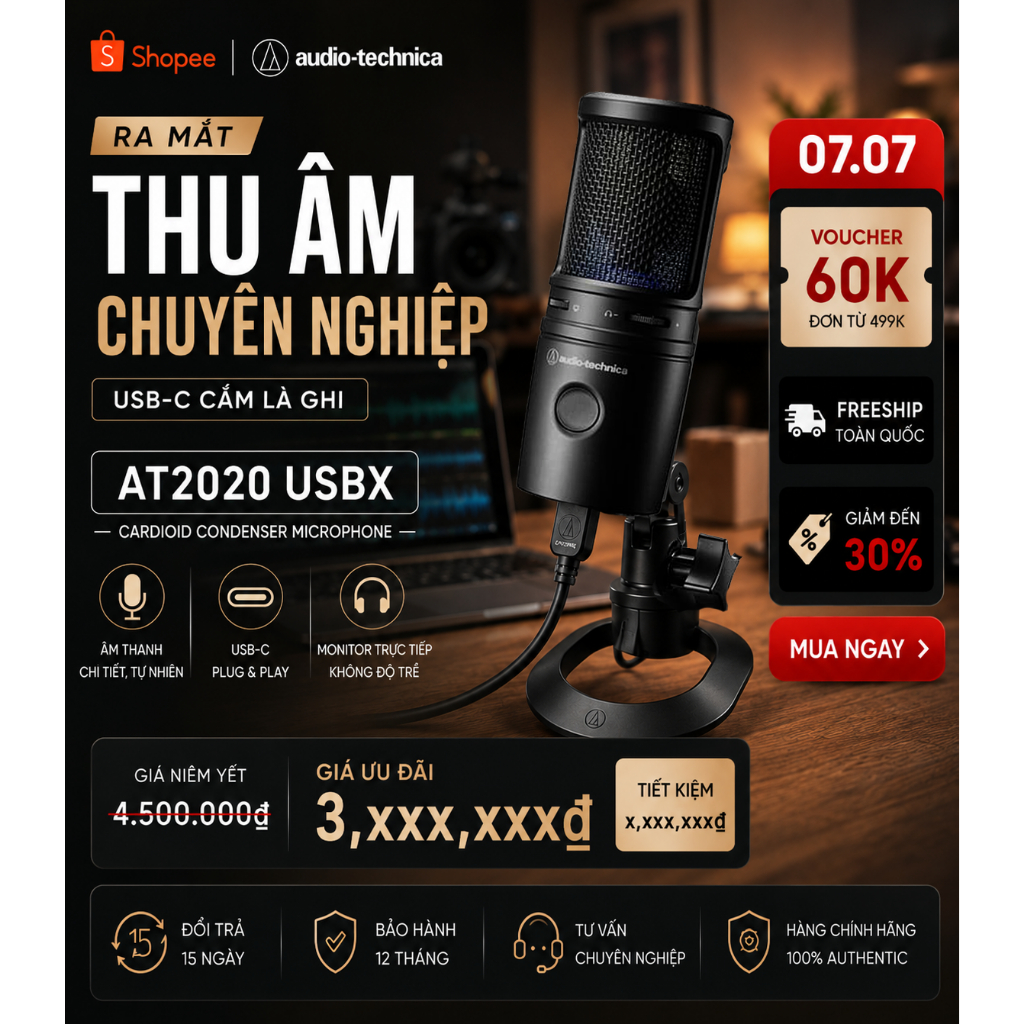 [Chính Hãng] Micro thu âm Audio-Technica AT2020USB-X USB-C Condenser Cho Livestream Podcast Studio