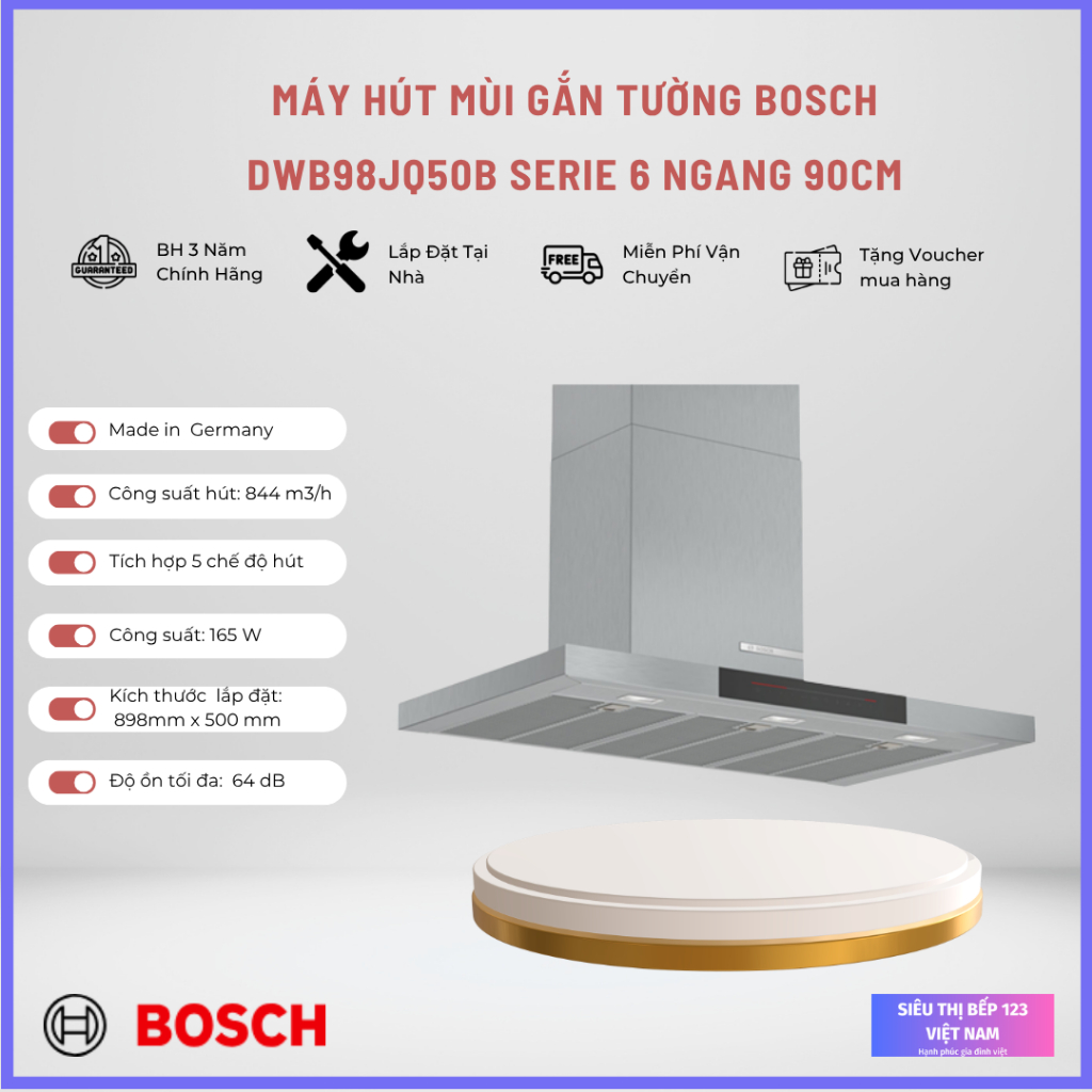 MÁY HÚT MÙI GẮN TƯỜNG BOSCH DWB98JQ50B SERIE 6 NGANG 90CM