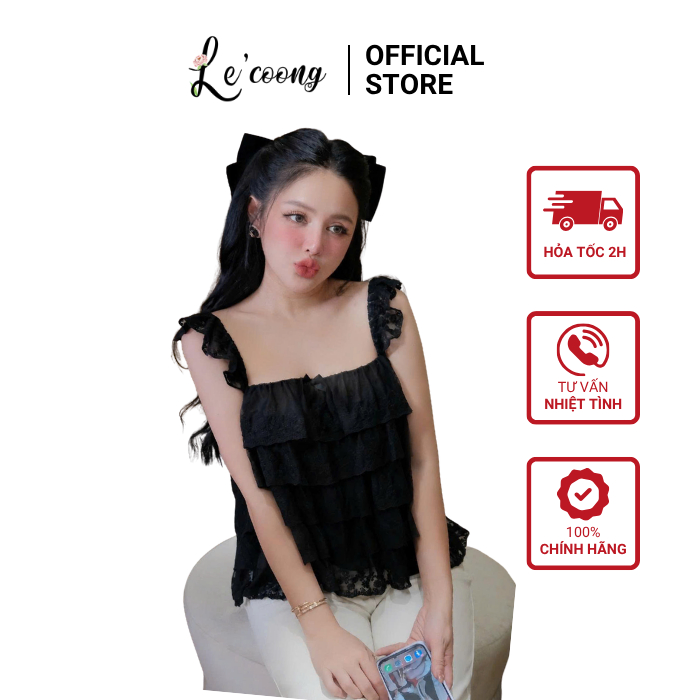 Áo Thiết Kế Ren Xếp Tầng LECOONG A36 Áo Đẹp Màu Be Đen Đính Nơ Mùa Hè