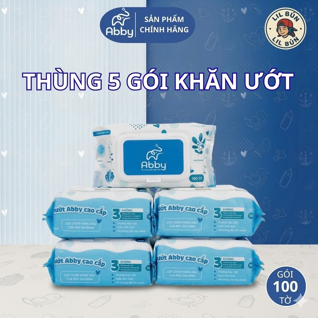 ​[CHÍNH HÃNG ABBY] COMBO 5 GÓI KHĂN ƯỚT CAO CẤP ABBY 100 TỜ/GÓI - MỀM MẠI, AN TOÀN, KHÔNG KÍCH ỨNG