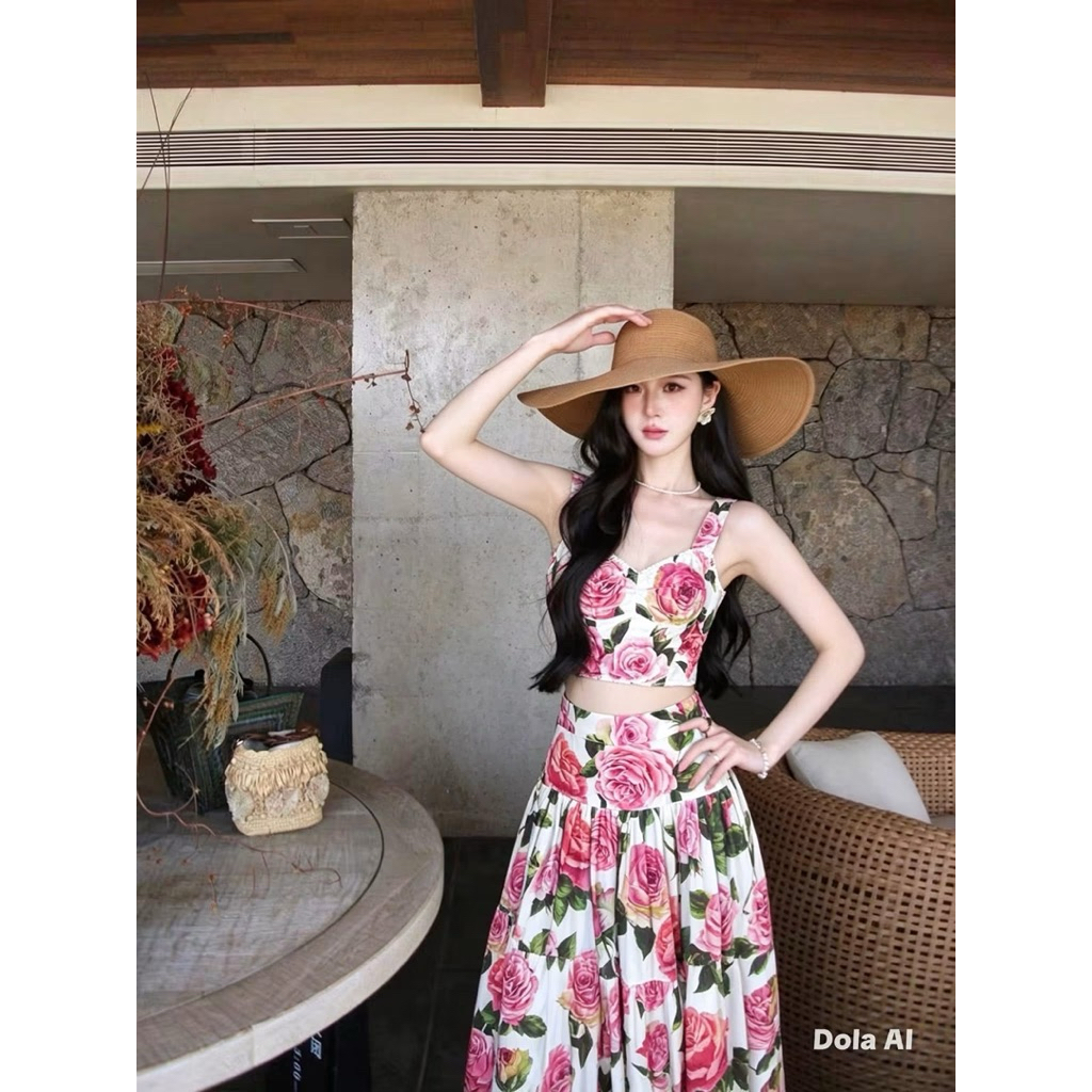 Set váy DG cotton Cao cấp hoạ tiết hoa hồng