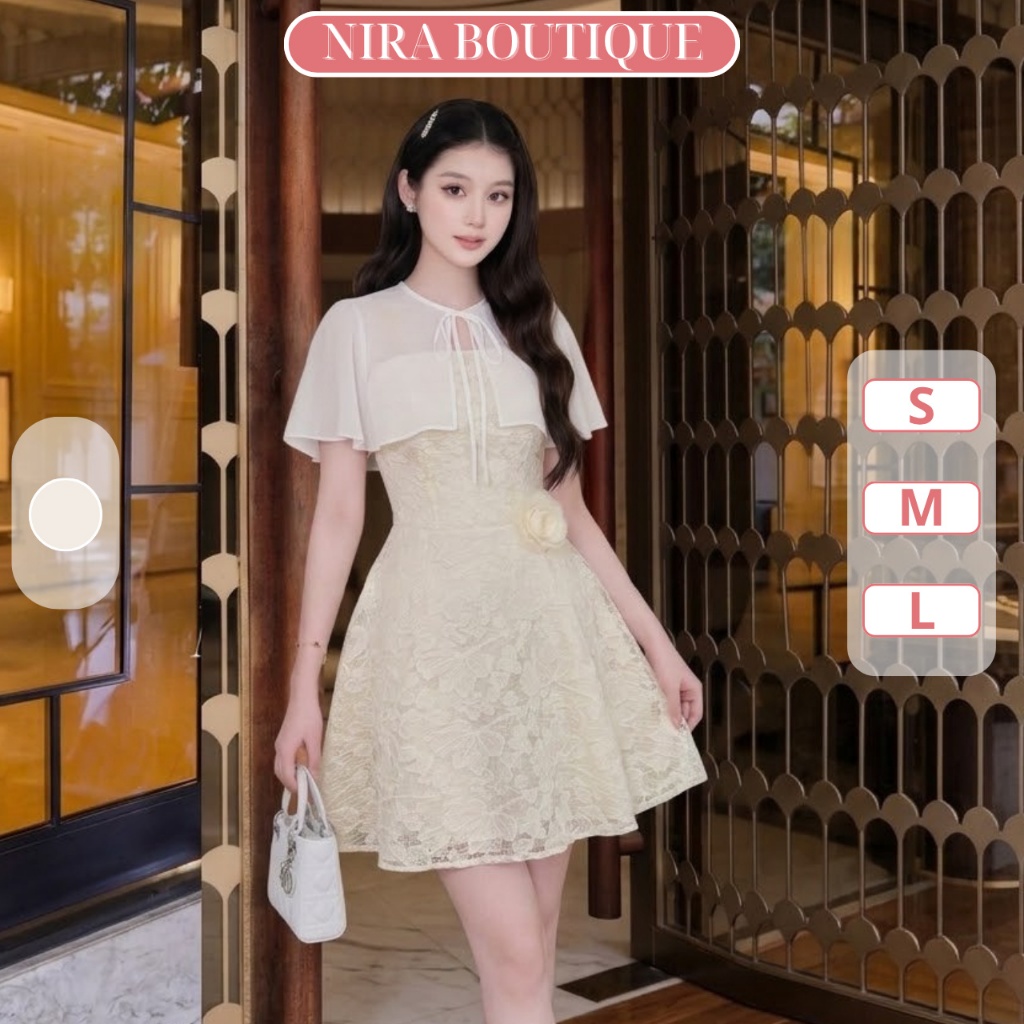 Đầm ren dự tiệc cao cấp dáng xòe hai dây kèm khăn choàng sang trọng - F81