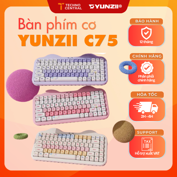 Bàn Phím Cơ YUNZII C75 Chính Hãng | Candy Switch | Gasket Mount | Tri-Mode Wireless | RGB | 75%