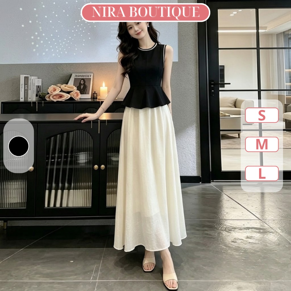 Set váy dự tiệc maxi cổ tròn đính cườm chân váy voan tơ cao cấp chuẩn nữ - F83