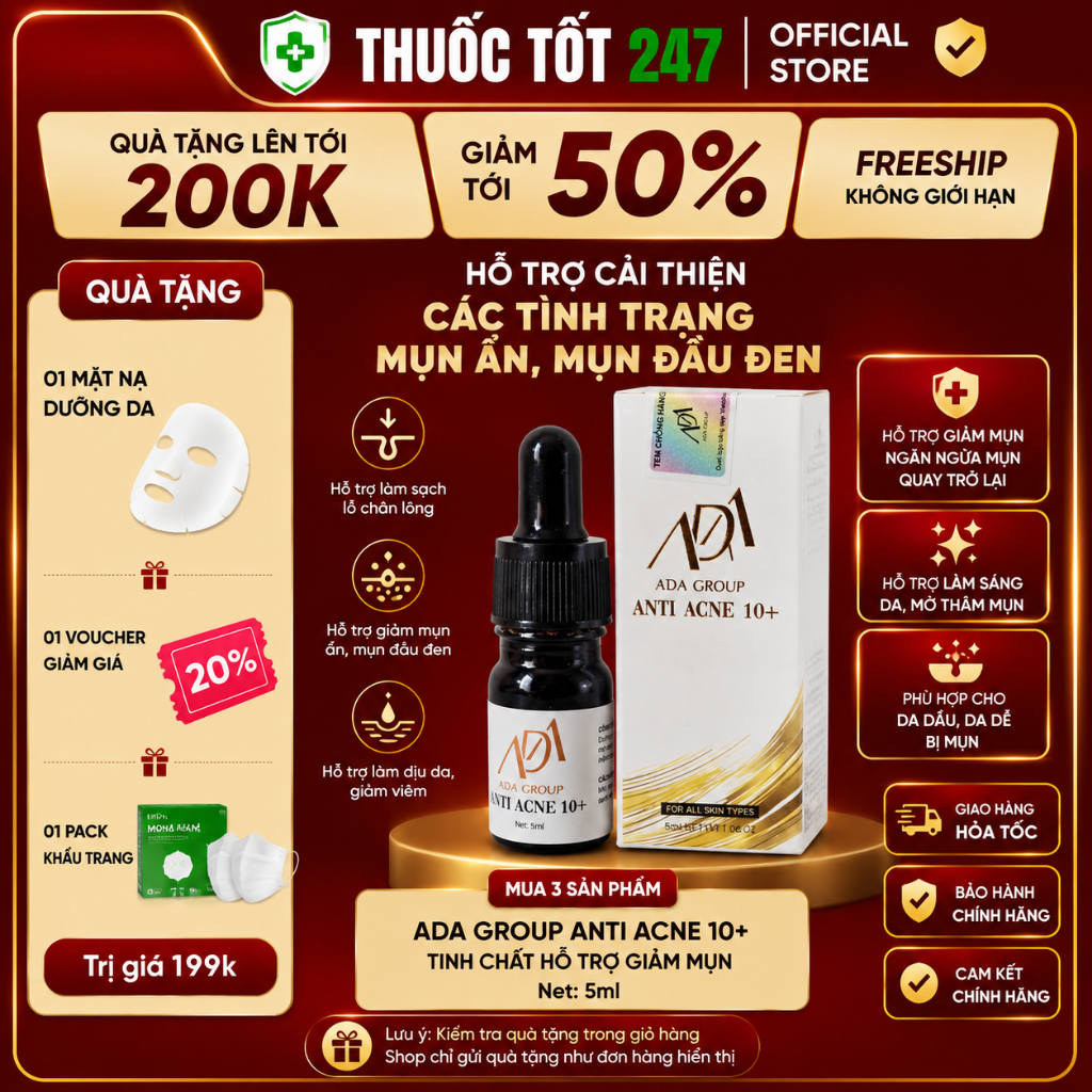 ADA serum giảm mụn 10+, ada sạch mụn sáng da kiềm dầu thu nhỏ lỗ chân lông