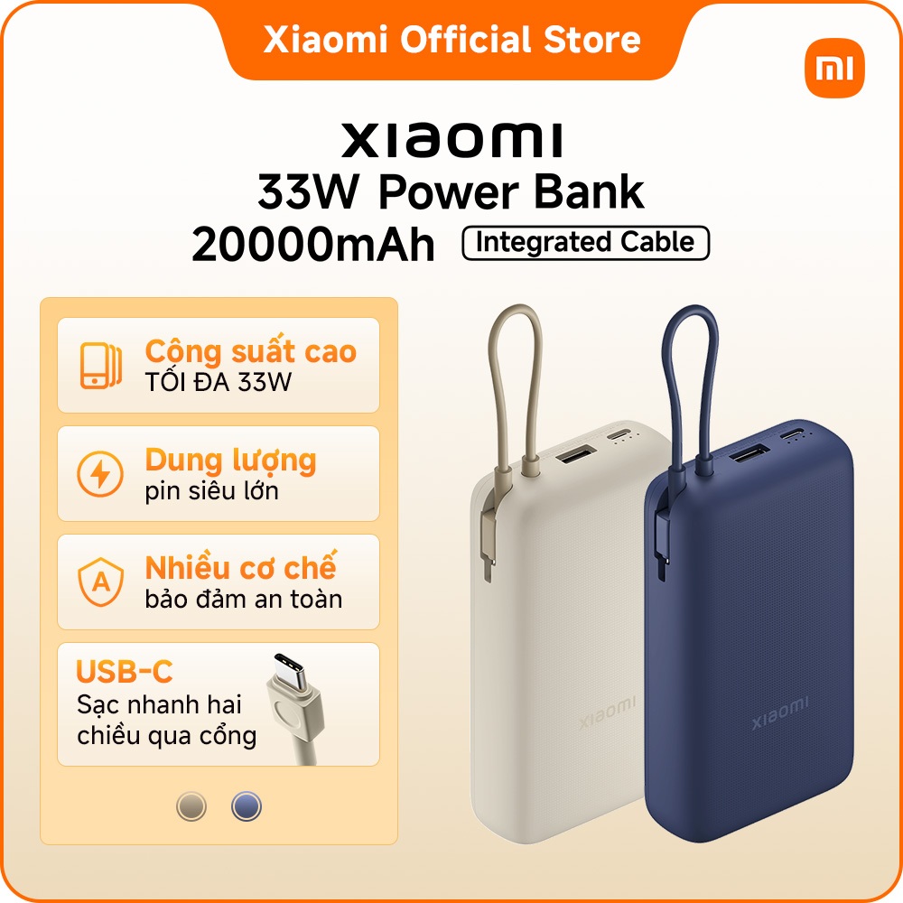 Pin sạc dự phòng 33W Xiaomi Power Bank 20000mAh Integrated Cable, Sạc nhanh hai chiều, công suất, dù