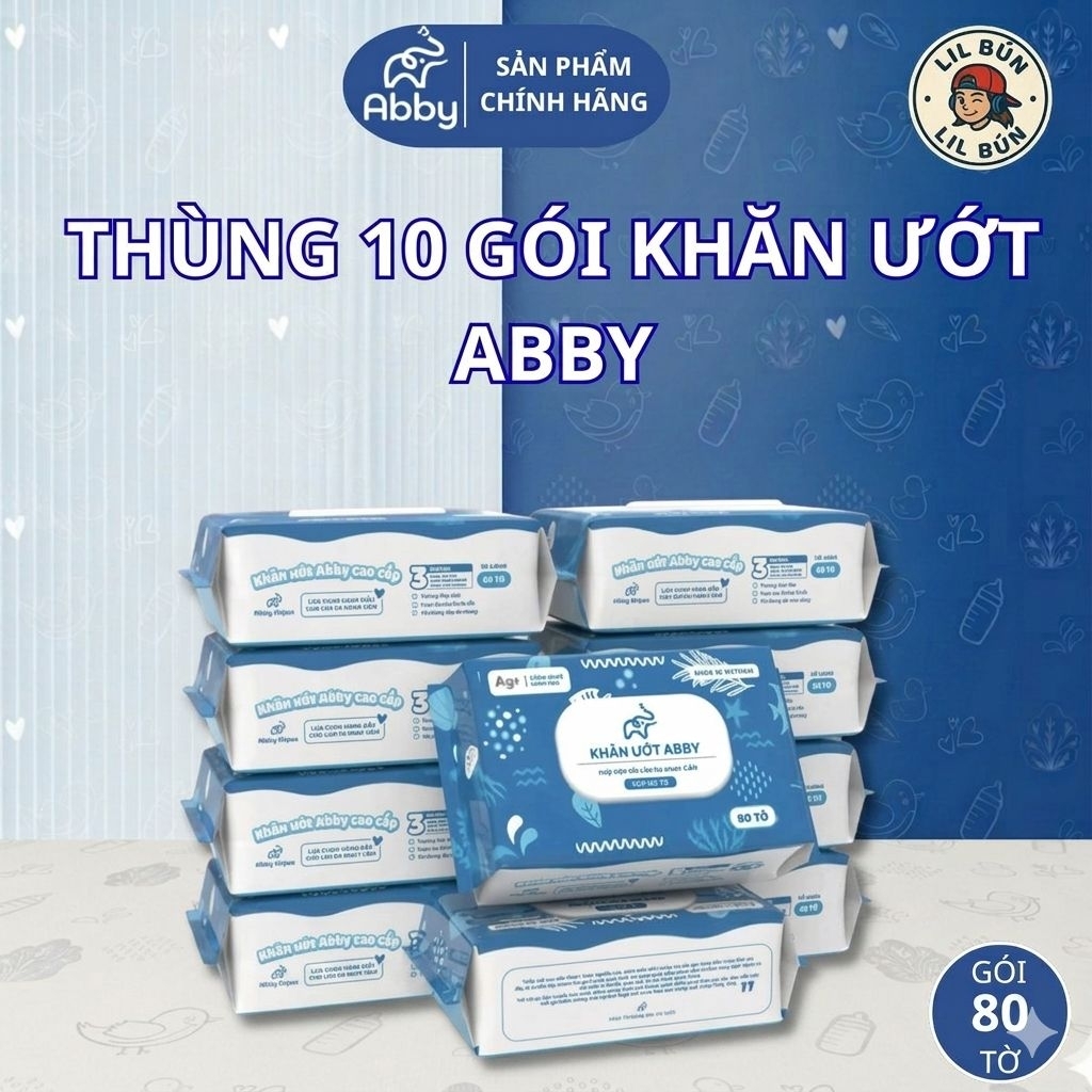 [Chính Hãng Abby] Thùng 10 Gói Khăn Ướt Cao Cấp ABBY 80 Tờ Có Nắp Đậy Khăn Giấy Ướt An Toàn, Dịu Nhẹ