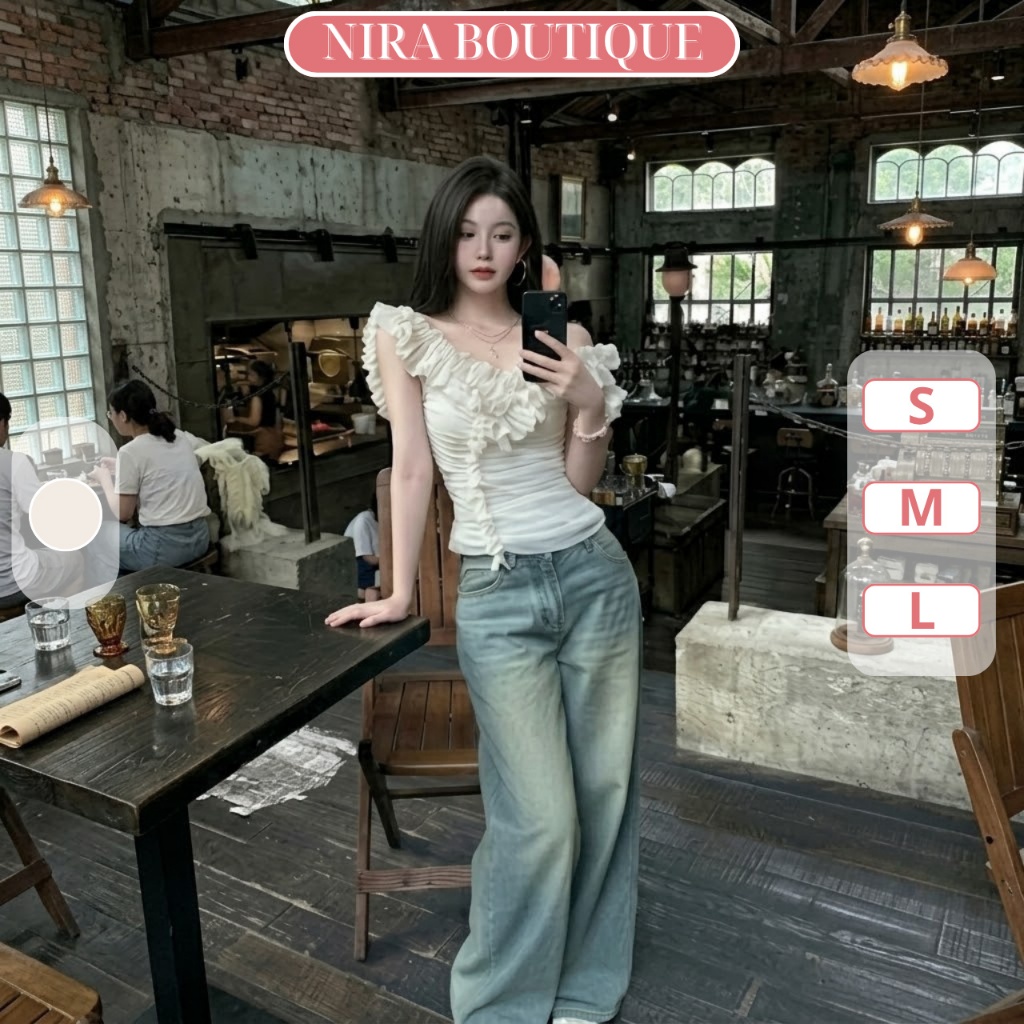 Áo kiểu nữ trễ vai bèo nhún phối lưới sexy dễ thương thời trang hè - F87