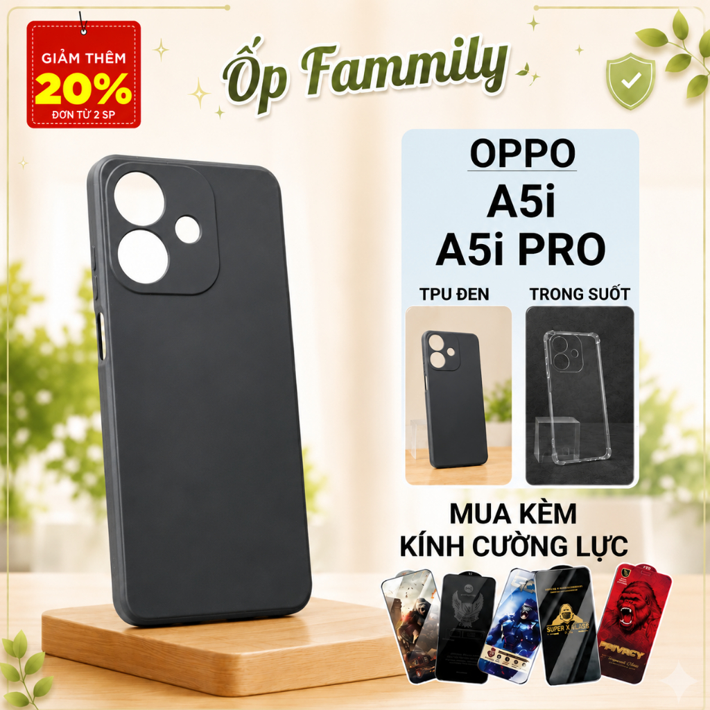 Ốp lưng Oppo A5i, A5i Pro Ốp Family trơn màu đen | Ốp điện thoại Oppo dẻo bảo vệ camera đt toàn diện
