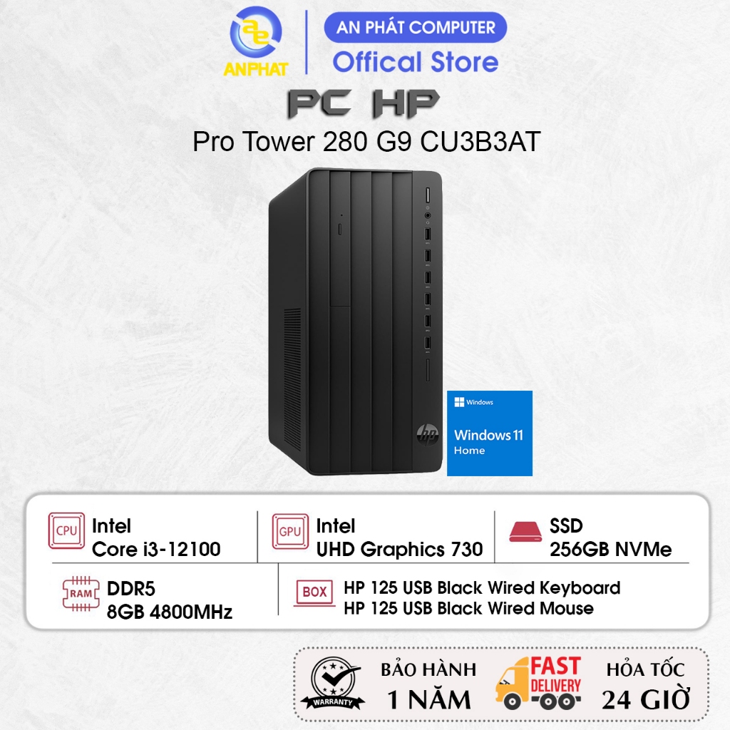 Máy tính PC HP Pro Tower 280 G9 CU3B3AT, Core i3-12100, 8GB RAM, 256GB SSD, 180W, Win11, Chuột + Phí