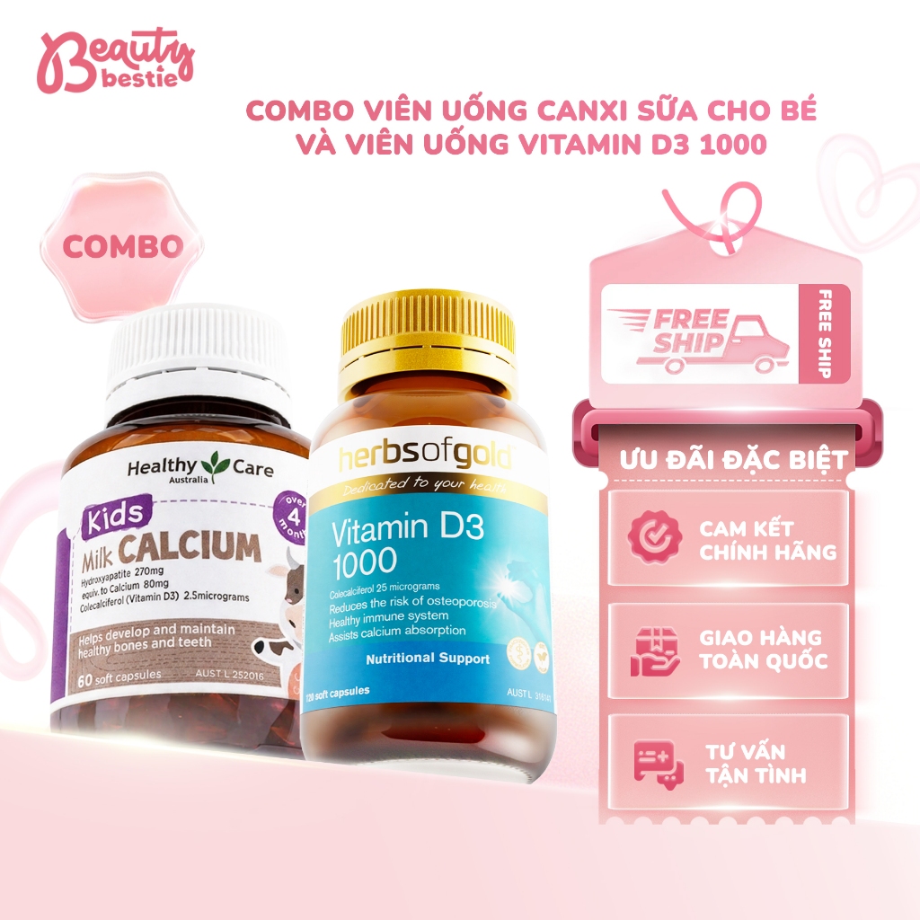 Combo Canxi Sữa Healthy Care Kids Milk Calcium 60 Viên & Vitamin D3 Herbs of Gold 120 Viên