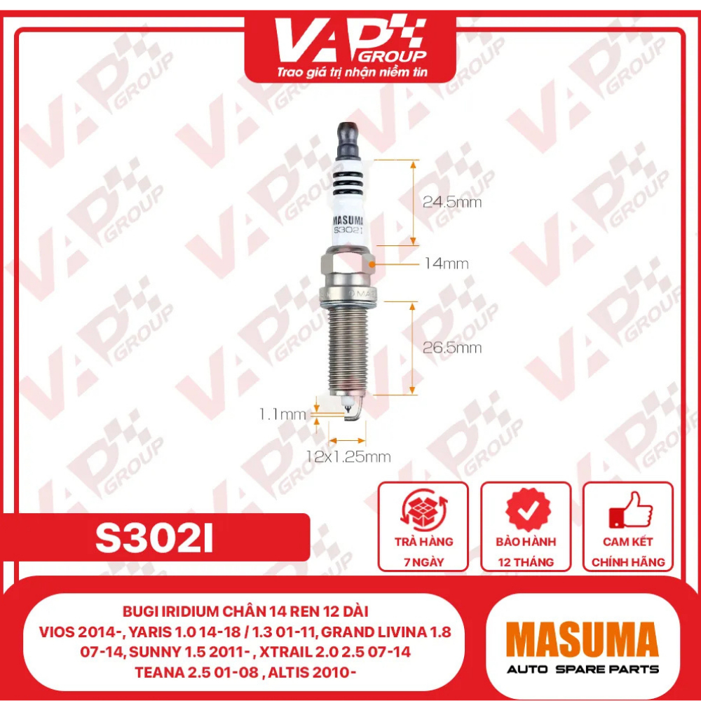 Bugi Iridium Động Cơ Ô Tô  Chân 14 Ren 12 Dài Vios , Yaris , Sunny , Xtrail , Teana - chính hãng Mas