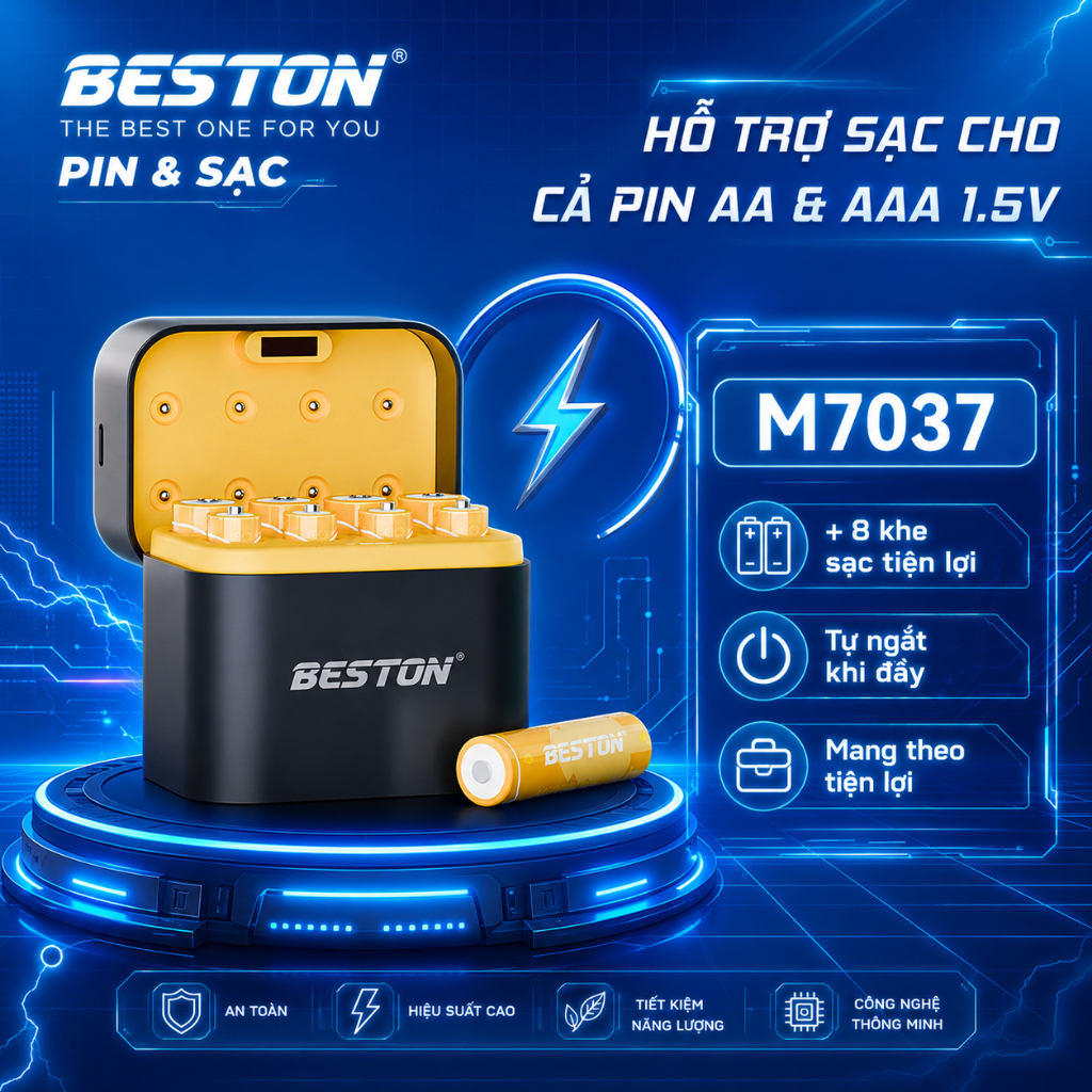 Hộp sạc pin Beston dành cho cả pin AA & AAA Lithium 1.5V M7037 tự ngắt, bảo vệ pin