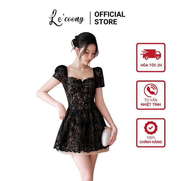 Váy Thiết Kế Tay Bồng Đính Nơ LECOONG V885 Váy Đẹp Màu Be Đen Cổ Vuông Sang Chảnh