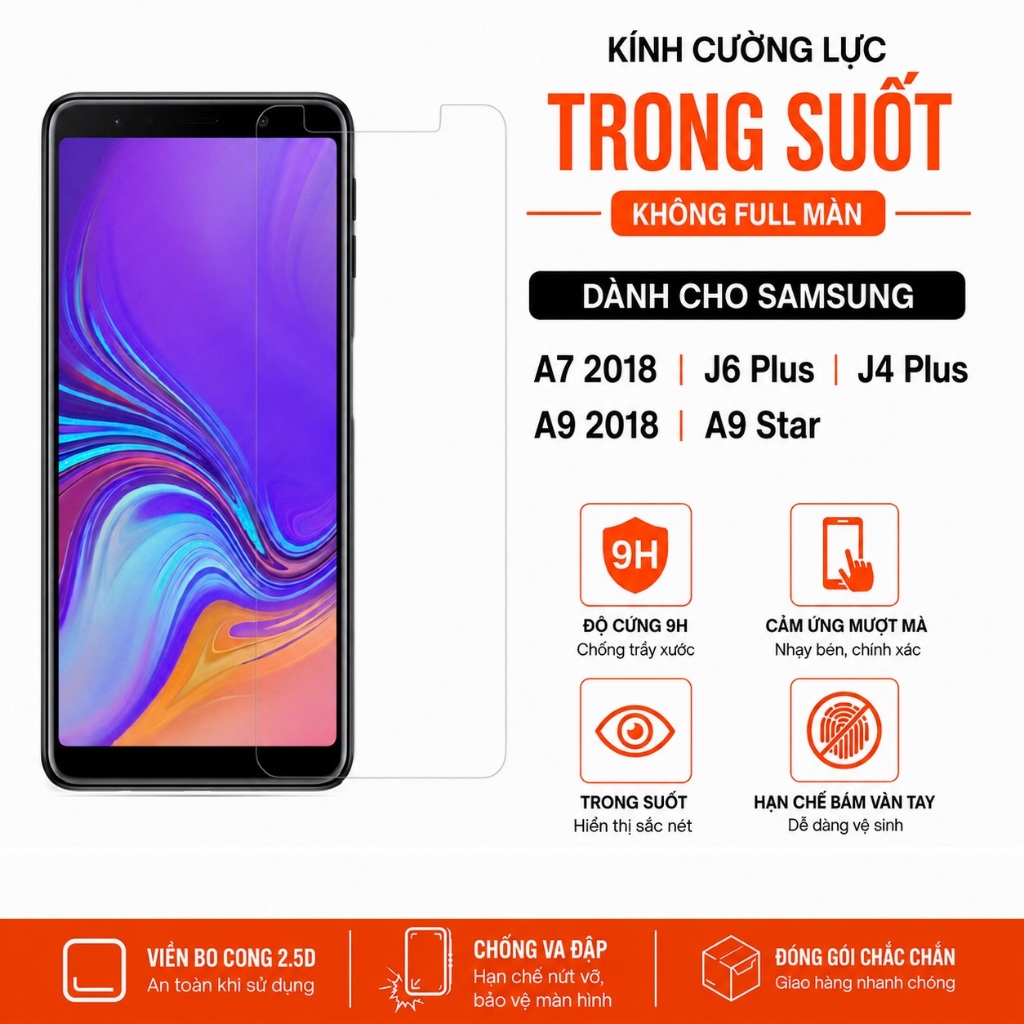 Kính cường lực Cho Samsung A7 2018 J6 Plus J4 Plus A9 2018 A9 Star trong suốt không full màn hình