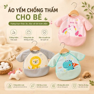 Áo yếm ăn dặm chống thấm cho bé, yếm có tay kèm máng hứng đồ ăn, dễ vệ sinh, KidsWorld dễ thương