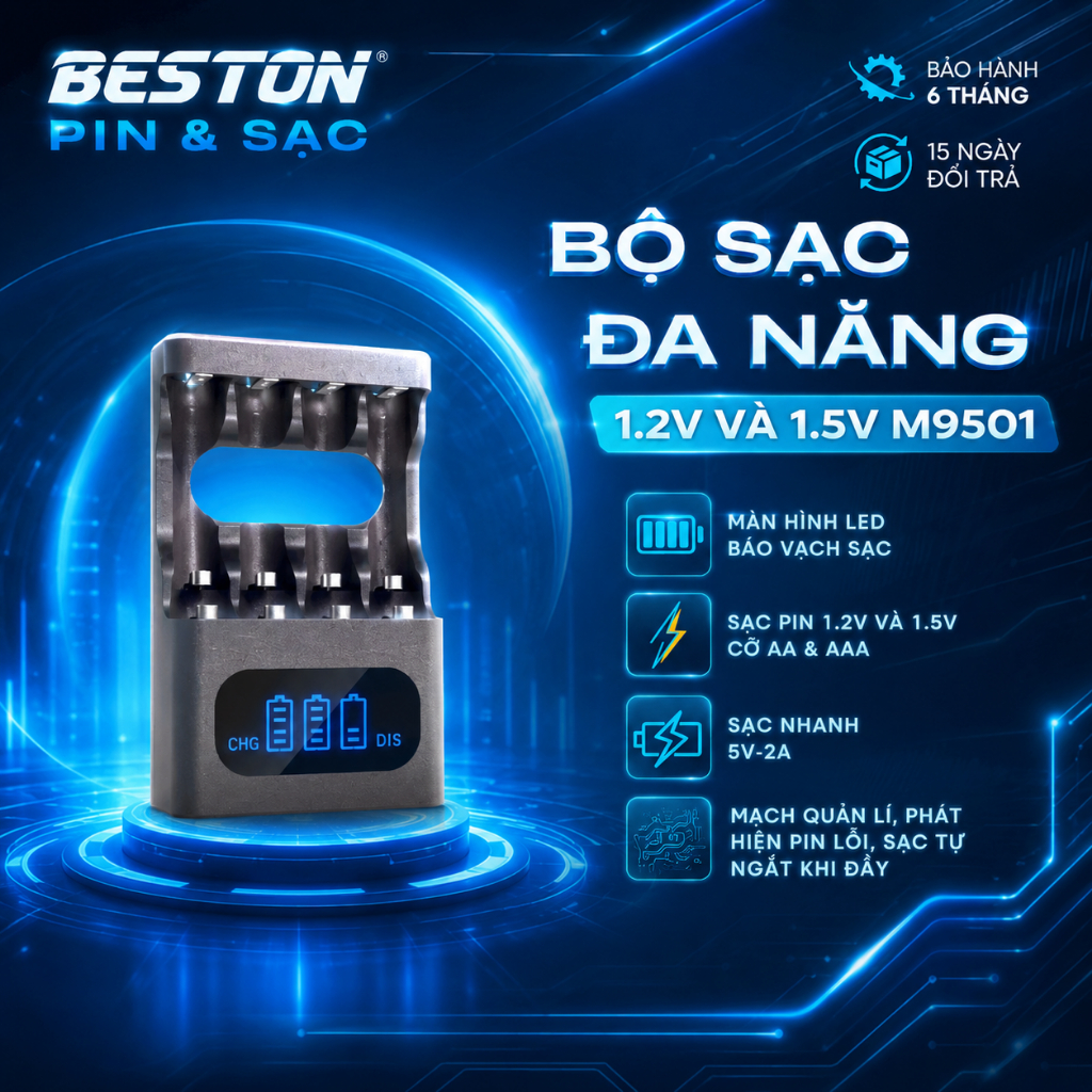 Bộ sạc pin Beston M9501 AA AAA cho cả pin Ni-MH 1.2V và pin Lithium 1.5V , hỗ trợ sạc nhanh