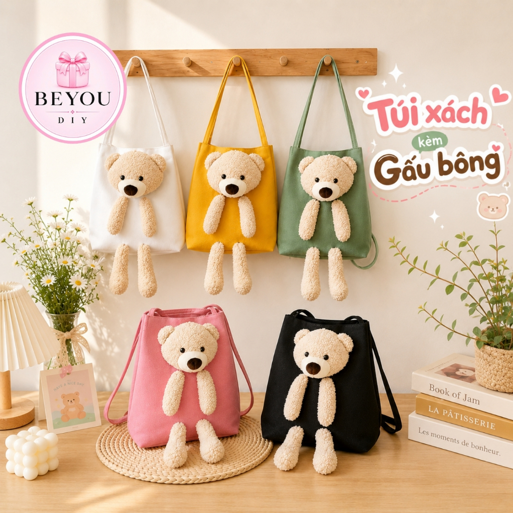 Túi Xách Vải Kèm Gấu Bông, Hàng Chuẩn - BeYou