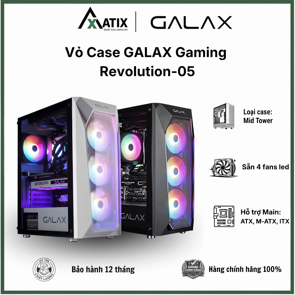 Vỏ máy tính case PC GALAX GALAX Revolution-05 | ATX, M-ATX, ITX | Sẵn 4 fans LED - Bảo Hành 12 tháng