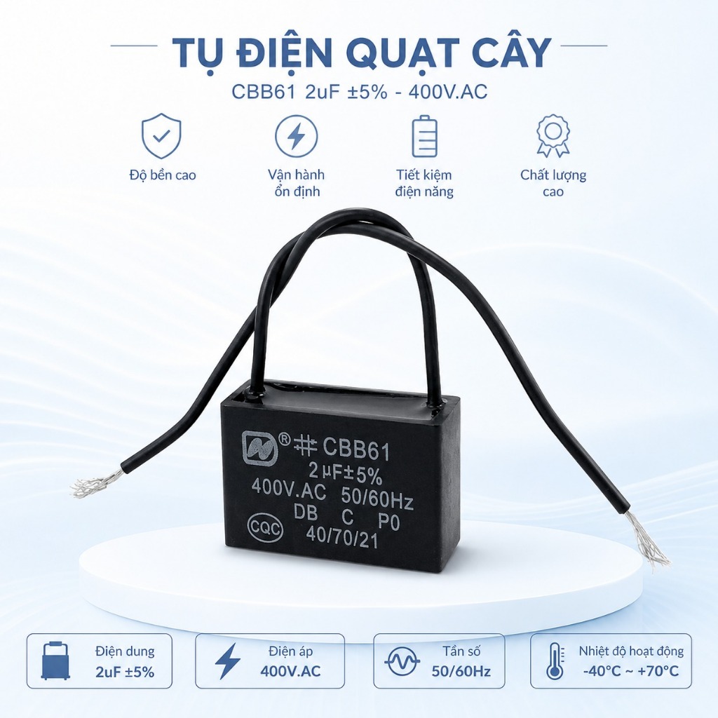Tụ Quạt 2 uf chân dây sử dụng tất cả các loại quạt