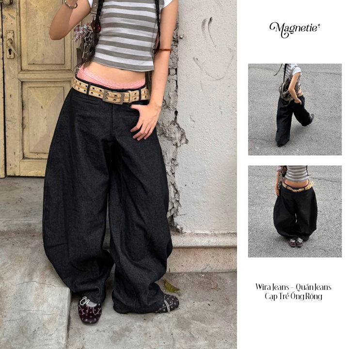 Magnetie Wira Jeans Quần Jeans Cạp Trễ Ống Rộng Phong Cách Y2K