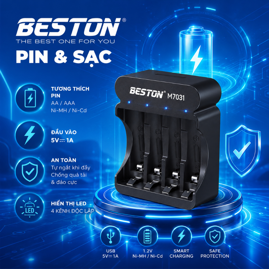 Bộ sạc pin 4 slot beston M7031 sạc cho pin AA & AAA Lithium 1.5V