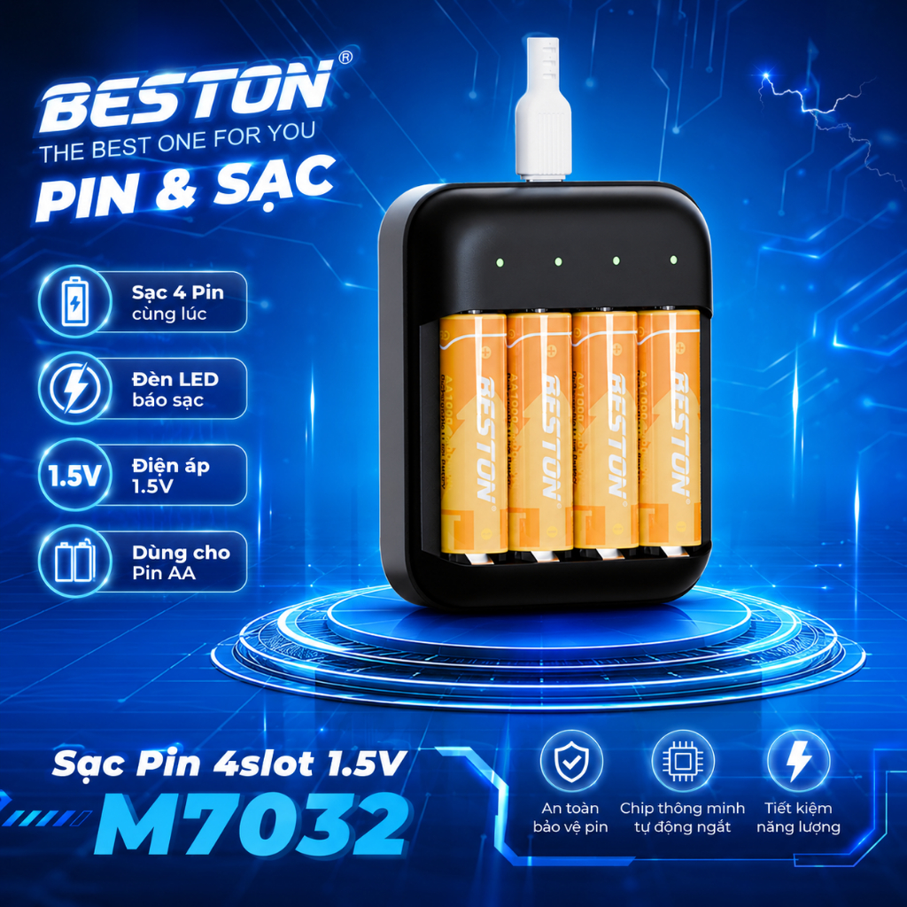 Bộ sạc pin Beston dành cho pin AA AAA Lithium 1.5V M7032 tự ngắt