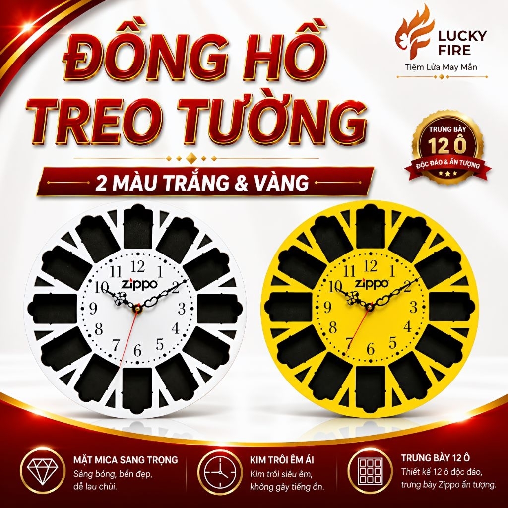 Đồng hồ treo tường trưng bày 12 ô Zippo