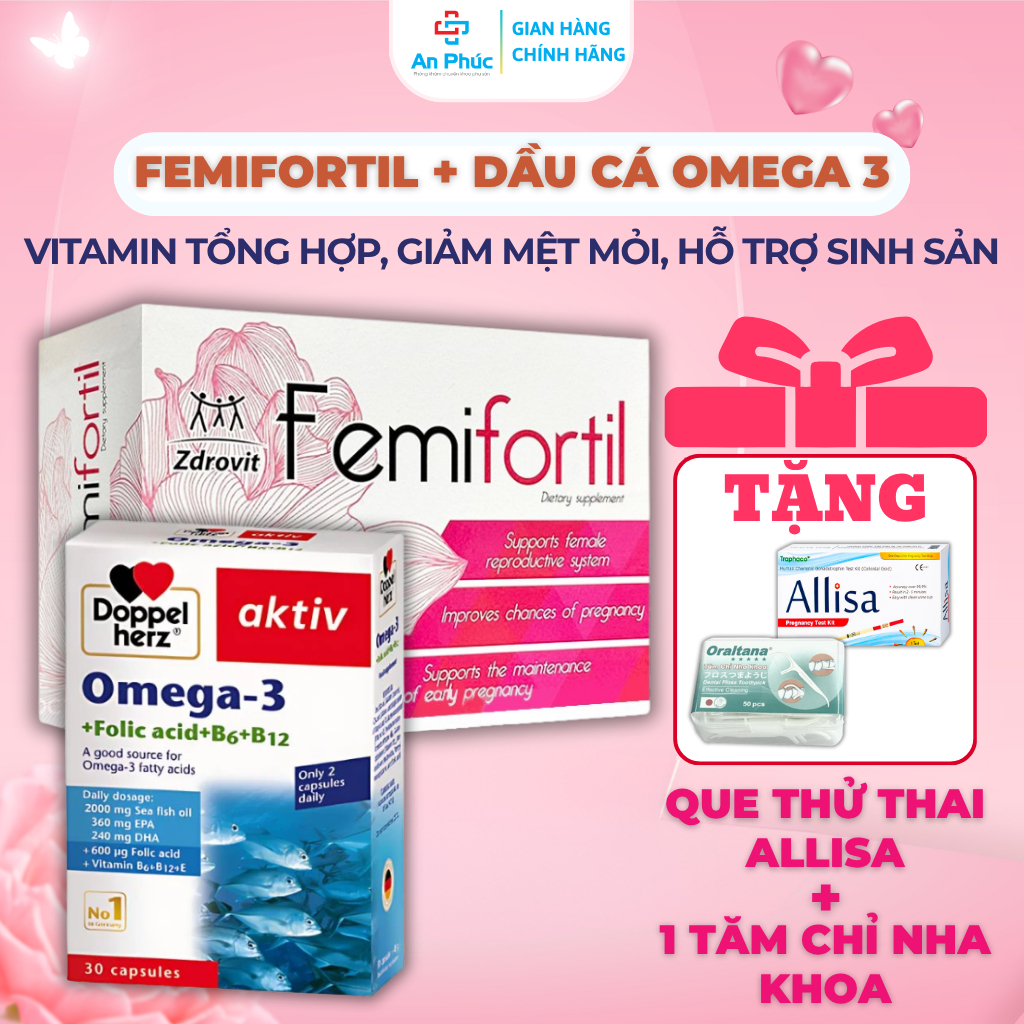 [COMBO BỔ TRỨNG] Femifortil + Dầu Cá Omega 3 - Vitamin Tổng Hợp, Giảm Mệt Mỏi, Hỗ Trợ Sinh Sản