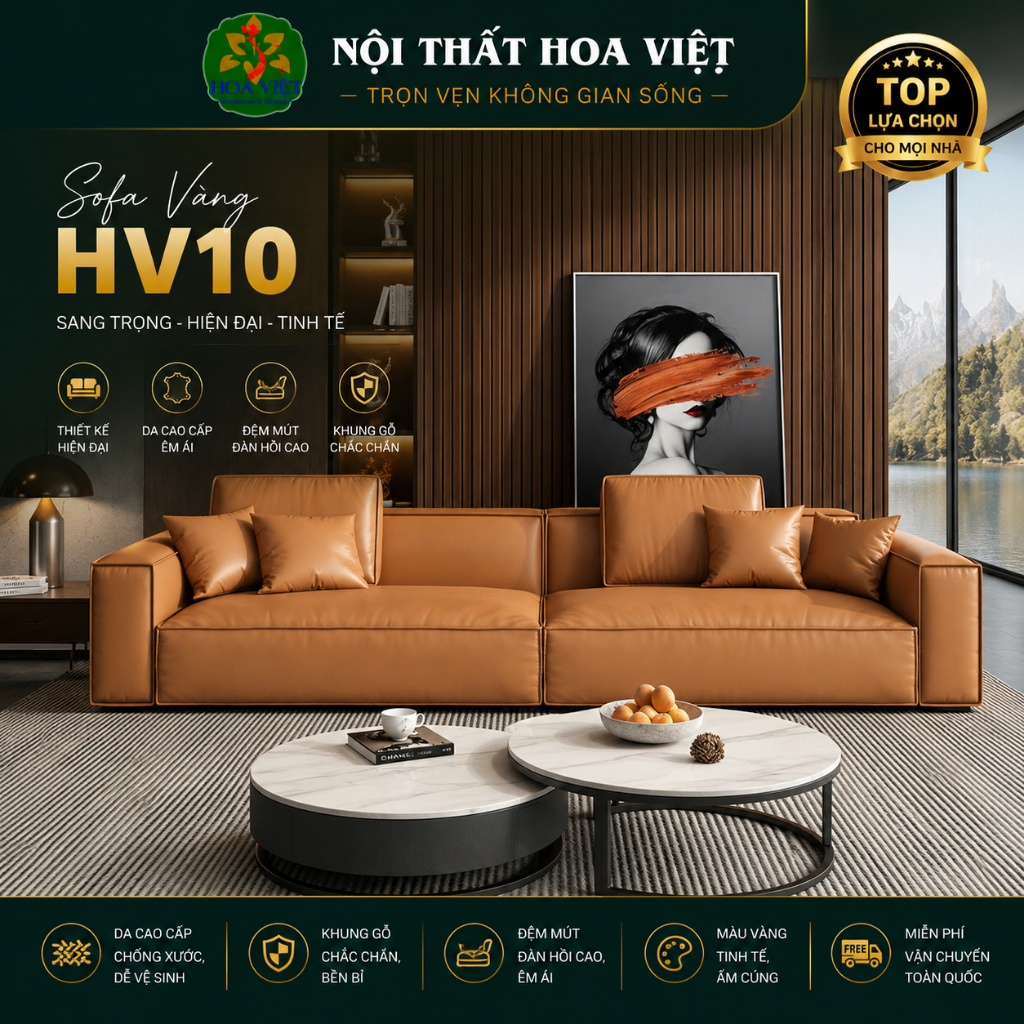 SOFA VĂNG HV10 DA MICROFIBER NHẬP KHẨU CAO CẤP , CHỐNG XƯỚC CHỐNG MỰC BÚT BI - NỘI THẤT HOA VIỆT