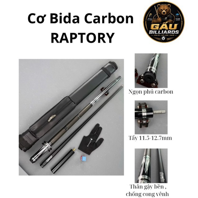 VOUCHER 100K - Cơ Bida lỗ full Carbon Raptory Chính hãng Tay cầm Bọc da Ren Radial, Gậy Bida Carbon 