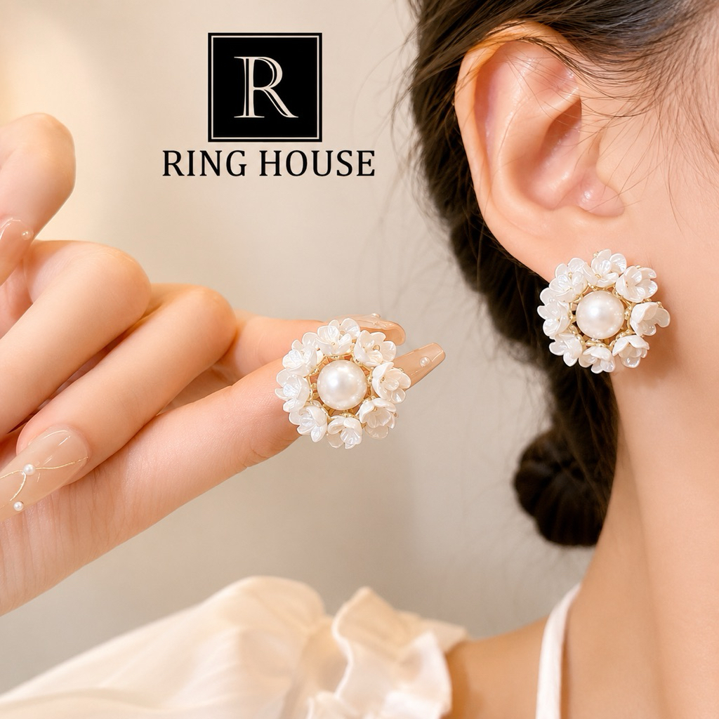 E265 khuyên tai bông tai nữ chùm hoa tròn trắng cô dâu dự tiệc đẹp