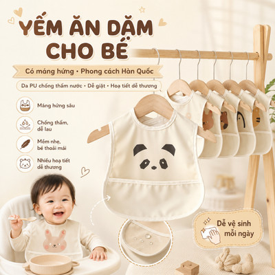 Yếm ăn dặm PU Có máng hứng ngang chống thấm nước, Yếm ăn dặm hoạt hình dễ vệ sinh, nhỏ gọn KidAndMom