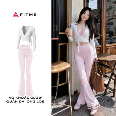 Bộ đồ tập yoga pilates nữ Fitme Glow áo khoác trắng phối quần ống loe hồng pastel thoáng khí tôn dáng