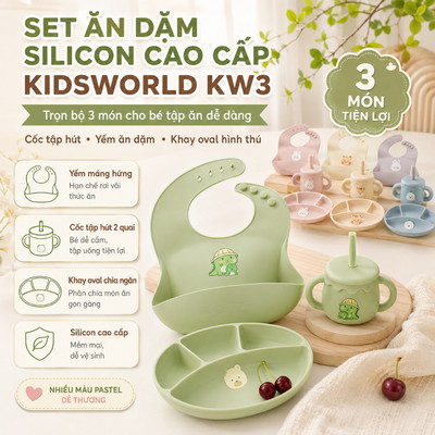 Set ăn dặm cho bé silicon cao cấp KidsWorld KW3 gồm 3 sản phẩm cốc tập hút, yếm ăn dặm và khay oval