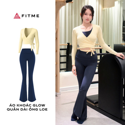 Bộ đồ tập gym, yoga, pilates nữ Fitme áo khoác Glow Vàng pastle (không bra), quần legging ống loe Flow cạp cao nâng mông