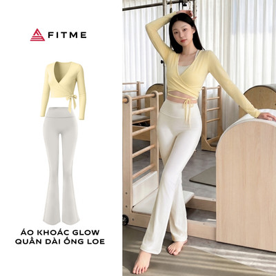 Bộ Fitme nữ tập Pilates Yoga áo khoác Glow vàng pastel kết hợp quần ống loe Light Grey thoải mái tôn dáng