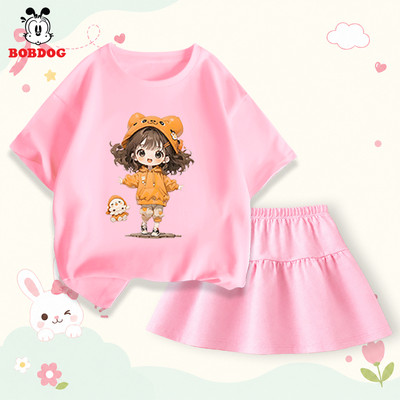 Set váy bé gái BOBDOG, váy bé gái vải cotton mềm mát, áo phông phối chân váy xòe ngắn in hình cute cho bé C+CV-KS09