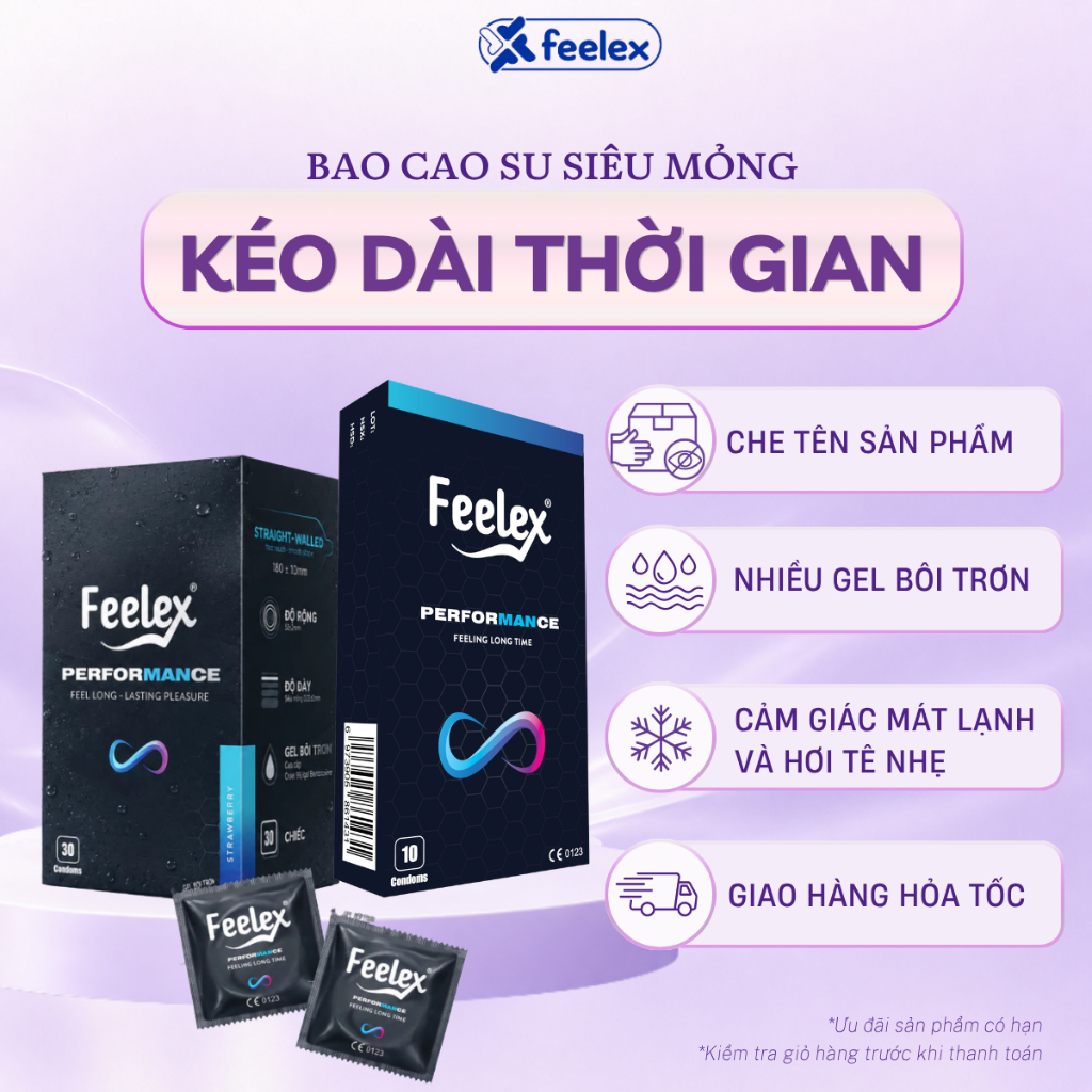 Bao cao su Feelex Performance, nhiều gel bôi trơn, kéo dài thời gian