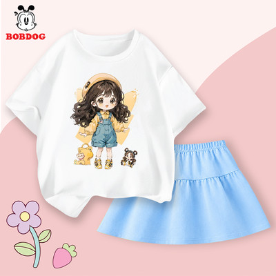 Set váy bé gái BOBDOG, váy xinh chất cotton mỏng mát, set áo phông phối chân váy in hình cô gái cute cho bé C+CV-KS10