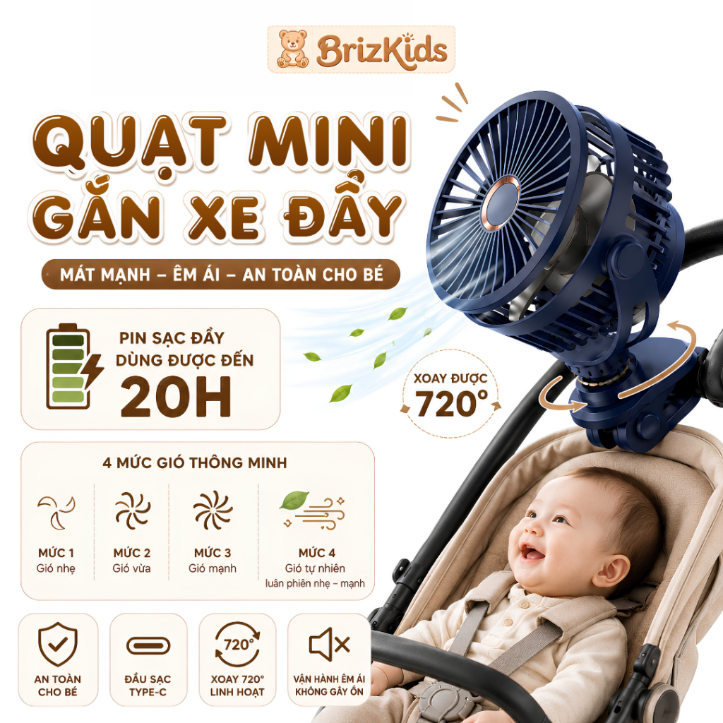 Quạt tích điện mini để bàn GF07, quạt gắn xe đẩy cho  pin 10000mAh chạy 20h liên tục 4 chế độ gió