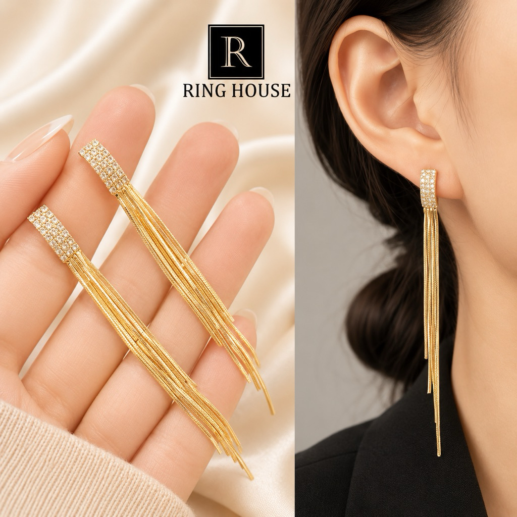 (Chuôi bạc 925) E179 khuyên tai bông tai nữ thả đính ngọc sáng dự tiệc Ring House