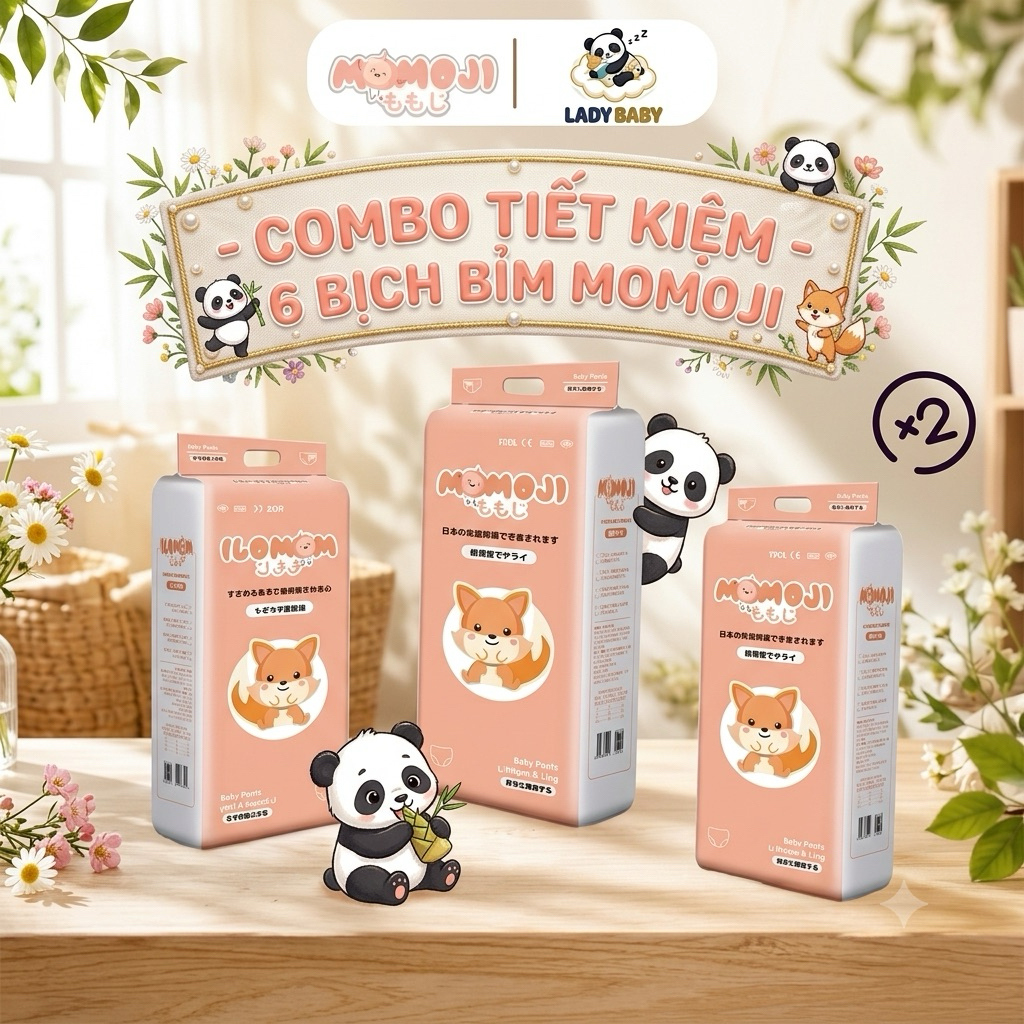Combo mua 6 bịch Tã/bỉm Momoji chính hãng Siêu thấm hút thoải mái không hăm đủ size cho bé