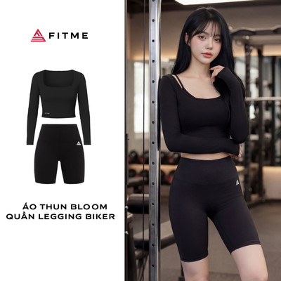 Bộ đồ tập gym yoga pilates nữ Fitme Bloom áo thun dài tay phối quần biker lửng đen cạp cao co giãn tôn dáng