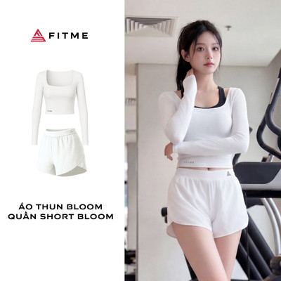 Bộ đồ tập gym yoga nữ Fitme Bloom áo dài tay trắng kết hợp quần short trắng mềm mại thoáng mát năng động