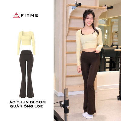 Bộ đồ tập gym, yoga, pilates nữ Fitme áo thun dài tay Bloom Vàng pastel, quần legging ống loe Flow nâng mông tôn dáng