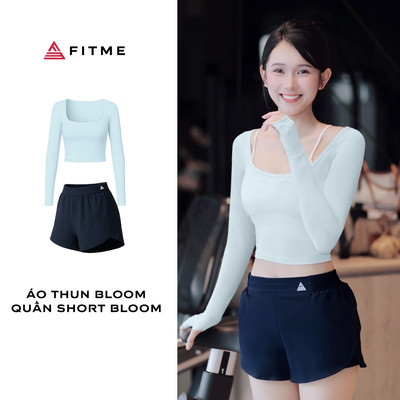 Bộ đồ tập gym yoga pilates nữ Fitme Bloom áo dài tay xanh pastel phối quần short xanh navy co giãn thoáng khí