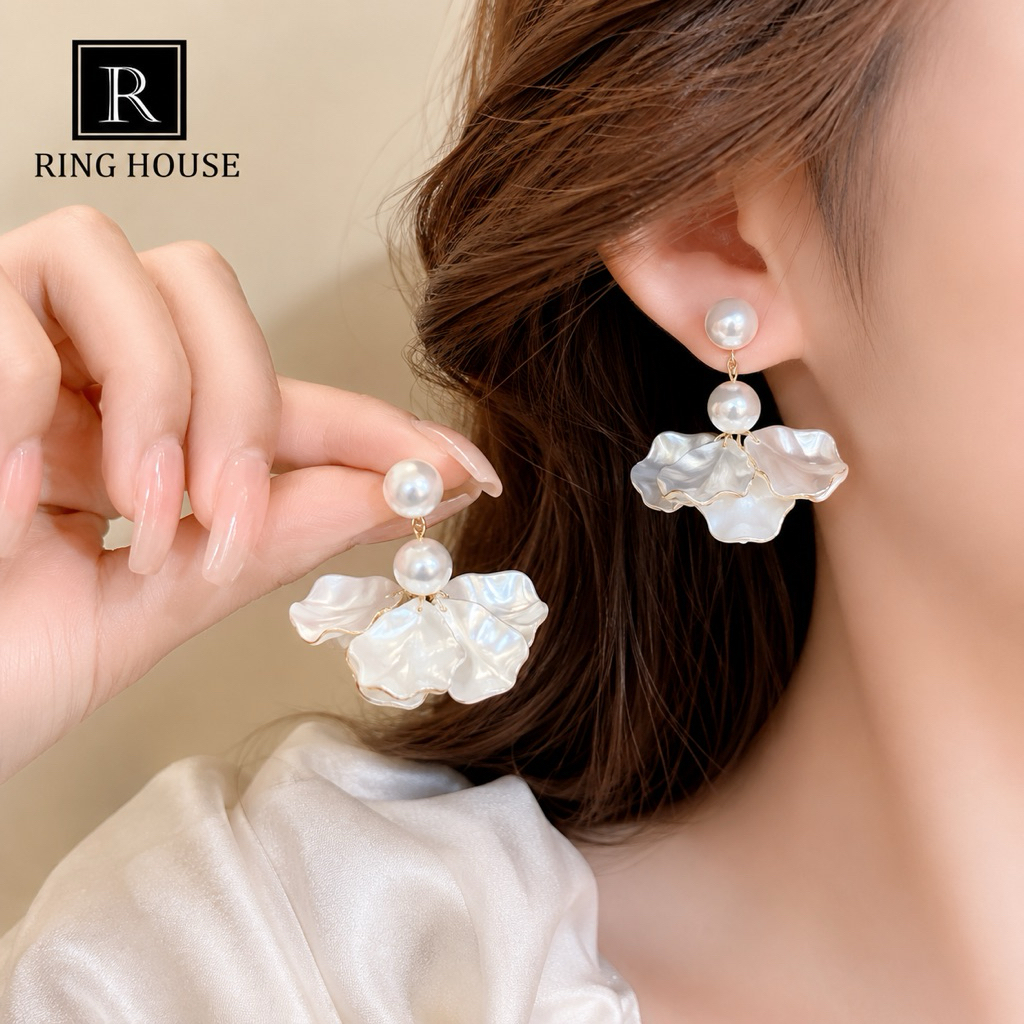 E58 khuyên tai nữ cánh hoa trắng cô dâu đẹp